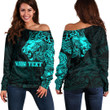 RugbyLife Clothing - Polynesian Tattoo Style Tribal Lion - Cyan Version Off Shoulder Sweater A7 | RugbyLife