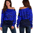 RugbyLife Clothing - Polynesian Tattoo Style Maori Traditional Mask - Blue Version Off Shoulder Sweater A7 | RugbyLife