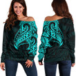 RugbyLife Clothing - Polynesian Tattoo Style Tatau - Cyan Version Off Shoulder Sweater A7 | RugbyLife