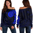 RugbyLife Clothing - Polynesian Tattoo Style Tattoo - Blue Version Off Shoulder Sweater A7 | RugbyLife