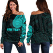 RugbyLife Clothing - (Custom) Polynesian Sun Mask Tattoo Style - Cyan Version Off Shoulder Sweater A7 | RugbyLife