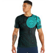 RugbyLife Clothing - Polynesian Sun Mask Tattoo Style - Cyan Version T-Shirt A7