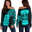 RugbyLife Clothing - Polynesian Tattoo Style Tiki - Cyan Version Off Shoulder Sweater A7 | RugbyLife