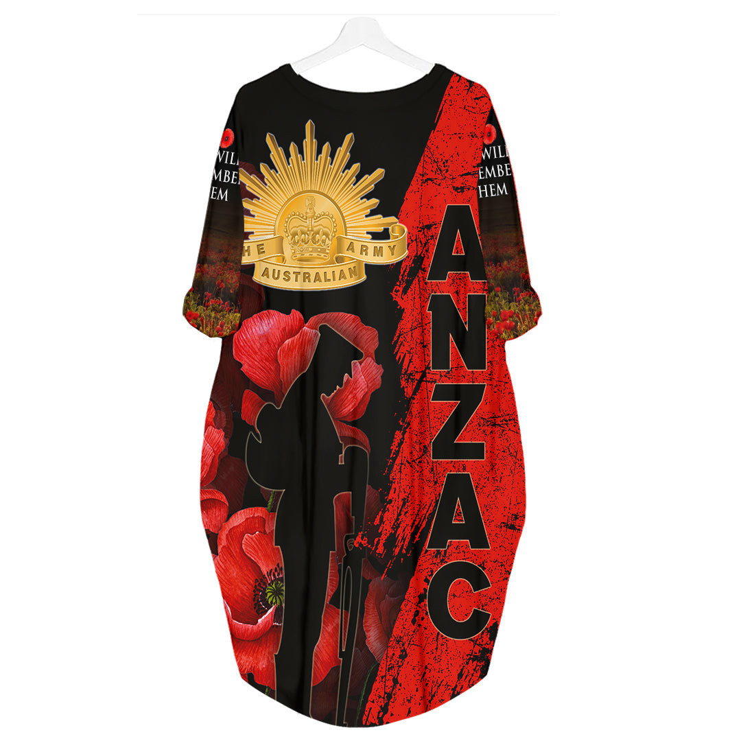 Anzac Day Soldier Silhouette Remembrance Batwing Pocket Dress A35