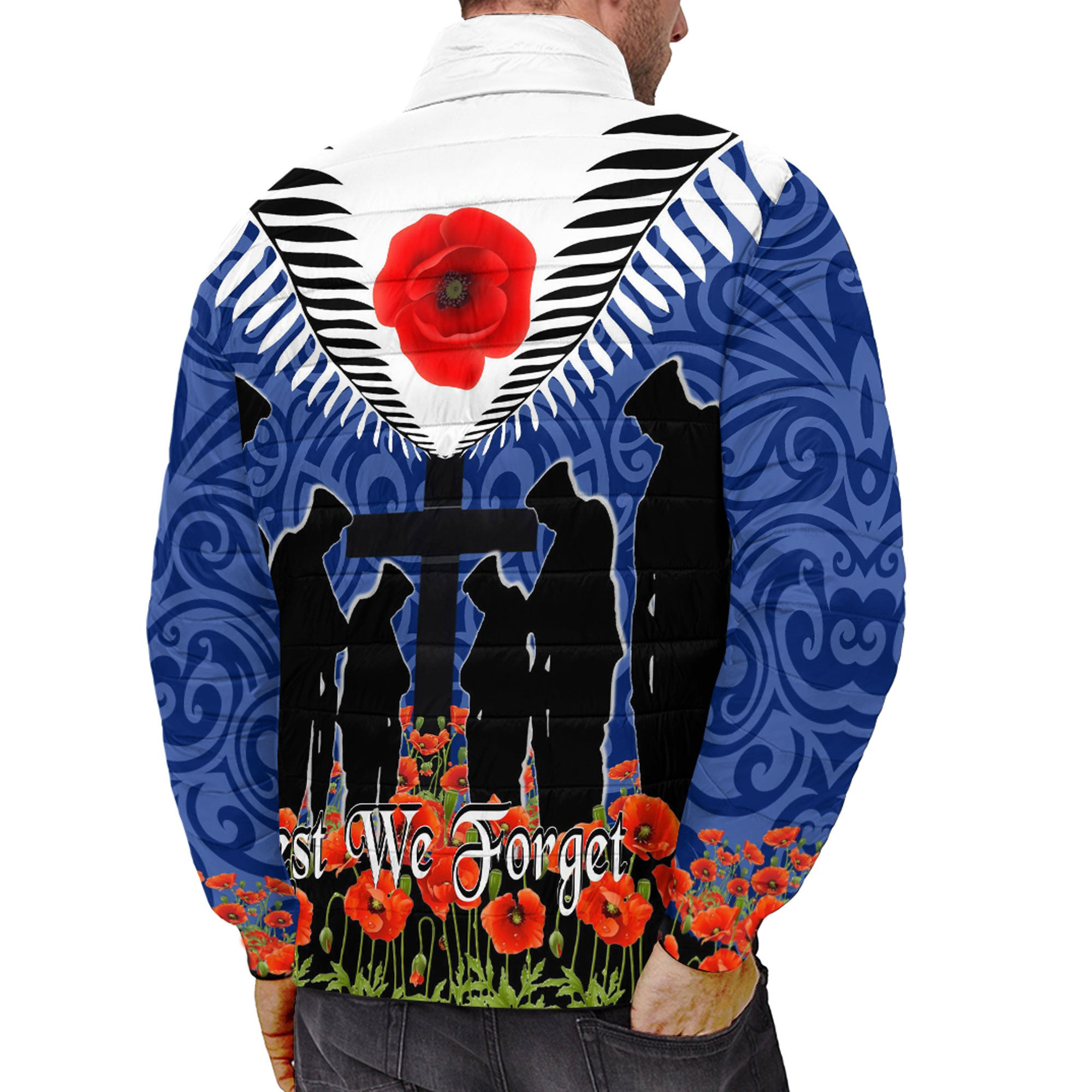 Love New Zealand Clothing - Anzac Day Soldier And Poppys - Padded Jacket A95 | Love New Zealand