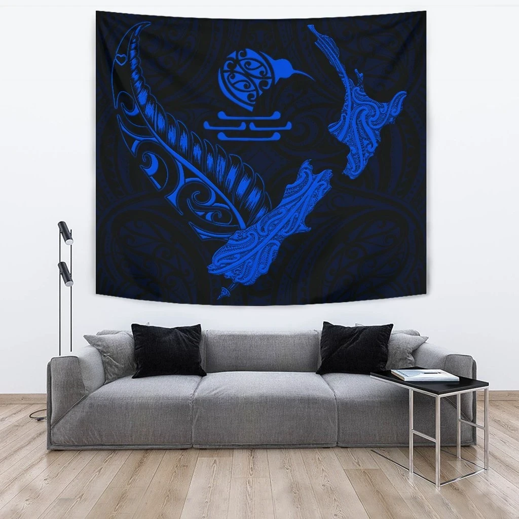 New Zealand Heart Tapestry - Map Kiwi mix Silver Fern Blue K4