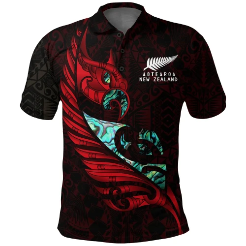New Zealand Polo Shirt Manaia Paua Fern Wing - Red K4