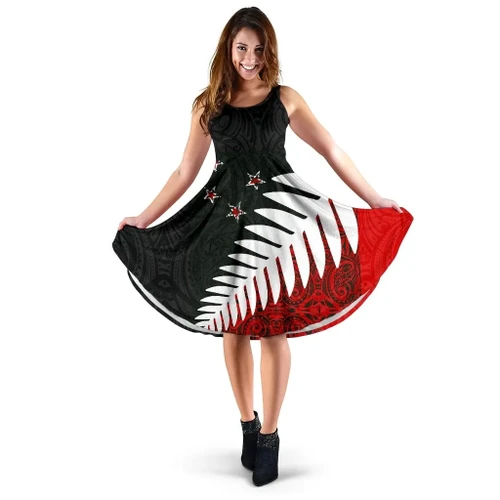 New Zealand Aotearoa Silver Fern Women Midi Dress Red K5
