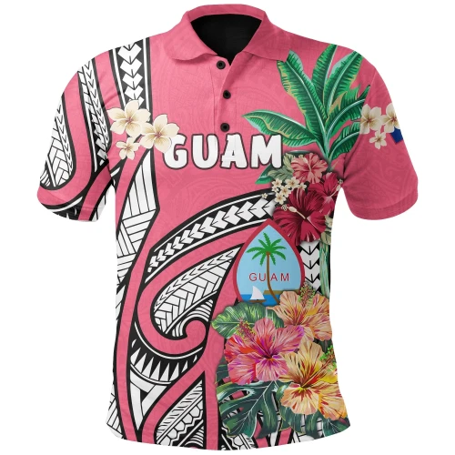 Guam Polo Shirt Coat Of Arms Polynesian With Hibiscus Pink TH5