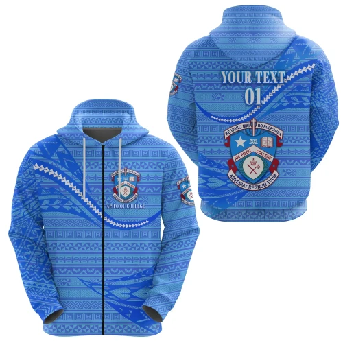 (Custom Personalised) ‘Apifo’ou College Zip Hoodie Tonga Unique Version - Full Blue, Custom Text and Number K8
