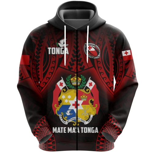 Tonga Rugby Zip Hoodie Mate Ma'a Tonga Tribal Pattern TH6