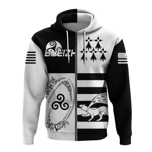 Brittany - Breizh Zip Hoodie - Rugby Bretagne Stoat Ermine with Celtic Triskelion TH5