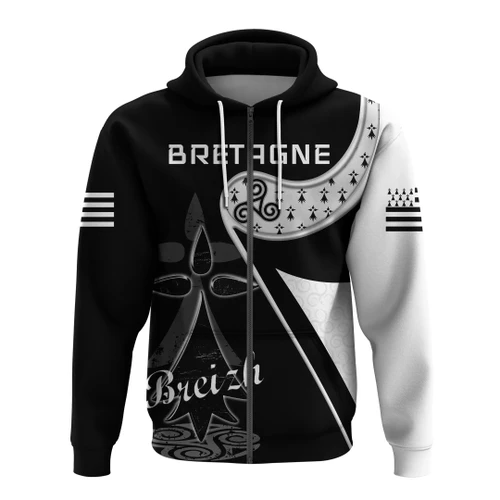 Brittany Zip Hoodie - Rugby Bretagne Stoat Ermine with Celtic Triskelion TH5