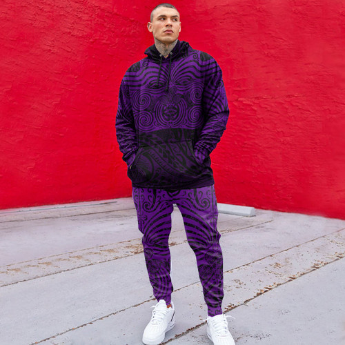 RugbyLife Clothing - Polynesian Tattoo Style Maori Traditional Mask - Purple Version Hoodie and Joggers Pant A7