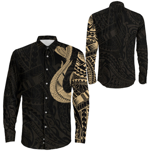 RugbyLife Clothing - Polynesian Tattoo Style Hook - Gold Version Long Sleeve Button Shirt A7