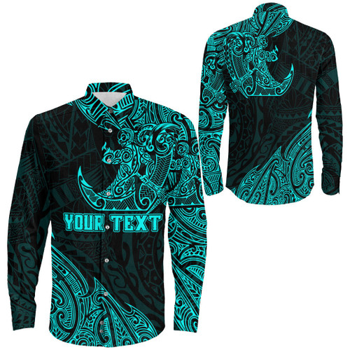 RugbyLife Clothing - (Custom) Polynesian Tattoo Style Surfing - Cyan Version Long Sleeve Button Shirt A7