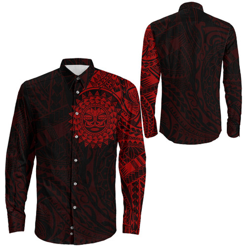 RugbyLife Clothing - Polynesian Sun Tattoo Style - Red Version Long Sleeve Button Shirt A7
