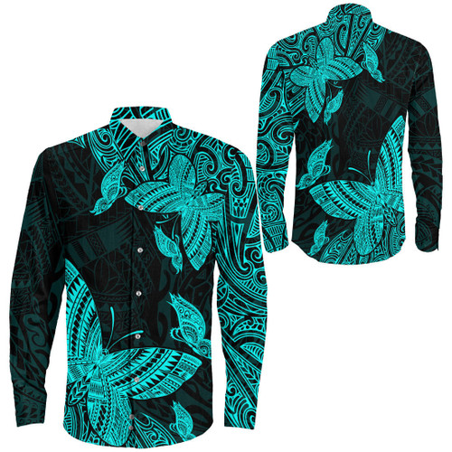 RugbyLife Clothing - Polynesian Tattoo Style Butterfly Special Version - Cyan Version Long Sleeve Button Shirt A7