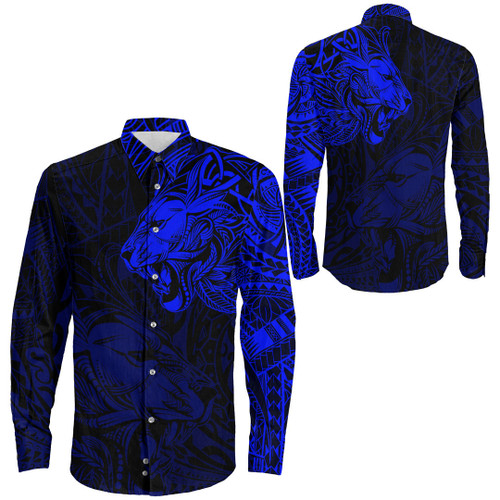 RugbyLife Clothing - Polynesian Tattoo Style Tribal Lion - Blue Version Long Sleeve Button Shirt A7