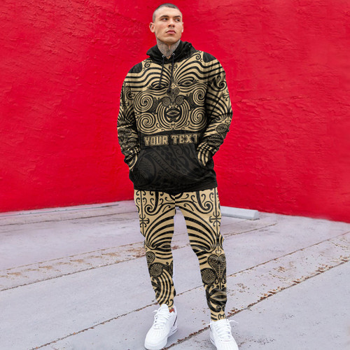 RugbyLife Clothing - (Custom) Polynesian Tattoo Style Maori Traditional Mask - Gold Version Hoodie and Joggers Pant A7