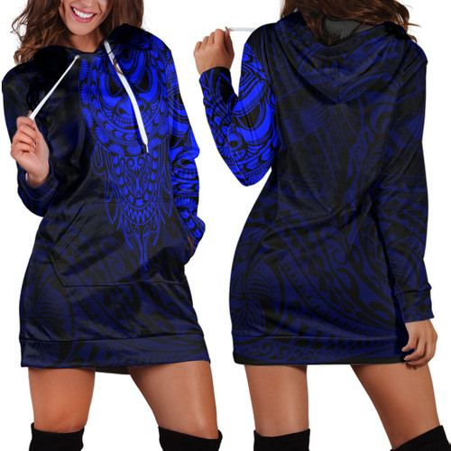 RugbyLife Clothing - Polynesian Tattoo Style Mask Native - Blue Version Hoodie Dress A7