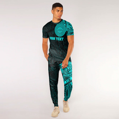 RugbyLife Clothing - (Custom) Polynesian Sun Mask Tattoo Style - Cyan Version T-Shirt and Jogger Pants A7