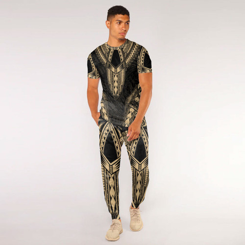 RugbyLife Clothing - Polynesian Tattoo Style - Gold Version T-Shirt and Jogger Pants A7