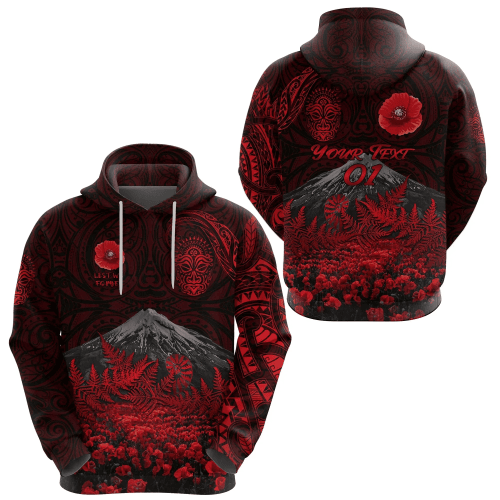 Rugbylife Hoodie - (Custom Personalised) Warriors Rugby Hoodie New Zealand Mount Taranaki With Poppy Flowers Anzac Vibes - Red, Custom Text And Number