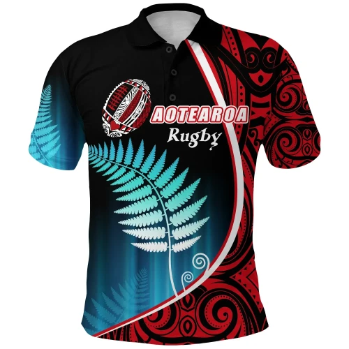 Rugbylife Polo Shirt - Aotearoa Rugby Black Maori Polo Shirt Kiwi and Silver Fern New Zealand K13