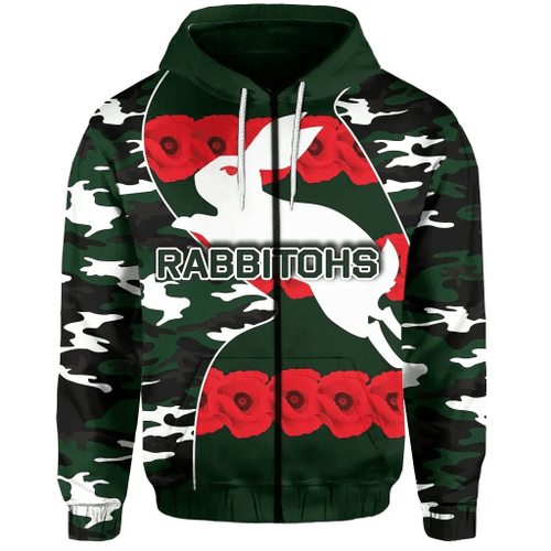 Rugby Life Hoodie - Rabbitohs Zip-Hoodie Aboriginal Anzac Day Army Style TH4