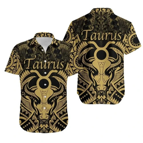 Taurus zodiac With Symbol Mix Polynesian Tattoo Hawaiian Shirt Gold TH4