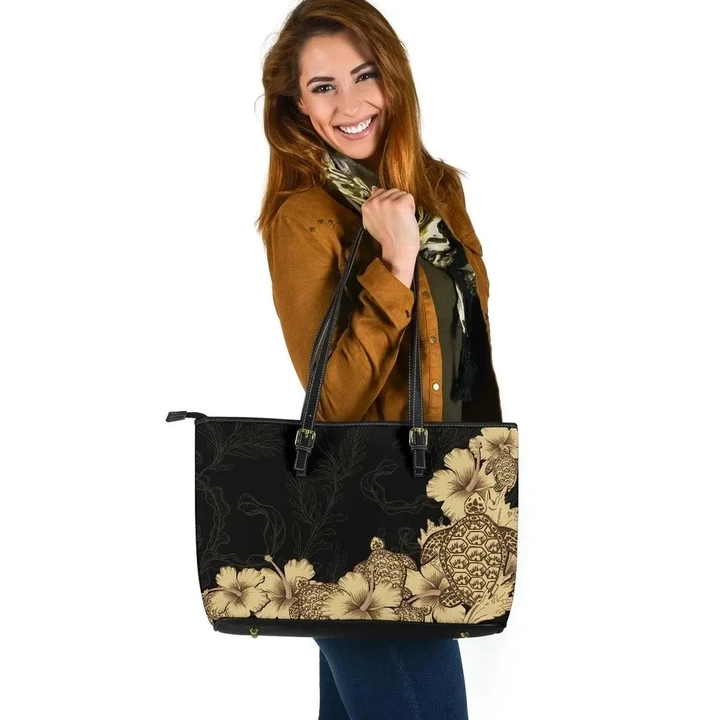 Hibiscus Plumeria Golden Turtle Large Leather Tote K5 - 1st New Zealand