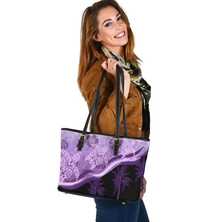Purple Turtle Hibiscus Small Leather Tote K5 - 1st New Zealand