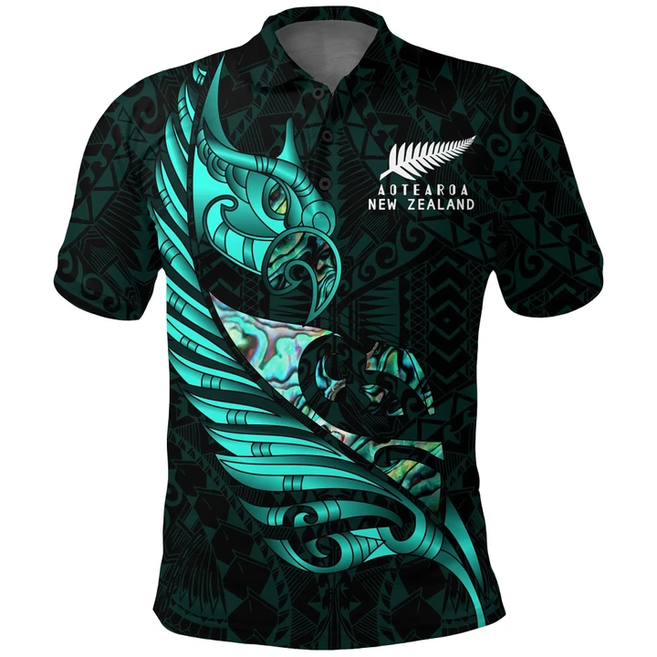 New Zealand Polo Shirt Manaia Paua Fern Wing - Turquoise K4 - 1st New Zealand