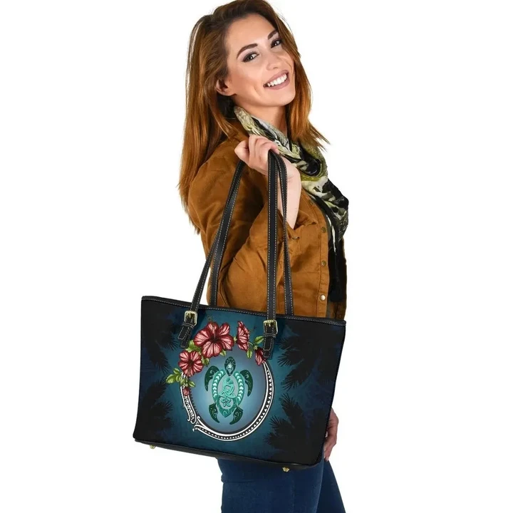 New Zealand Small Leather Tote, Polynesian Ohana Turtle Hibiscus Mother Son A24 - 1st New Zealand