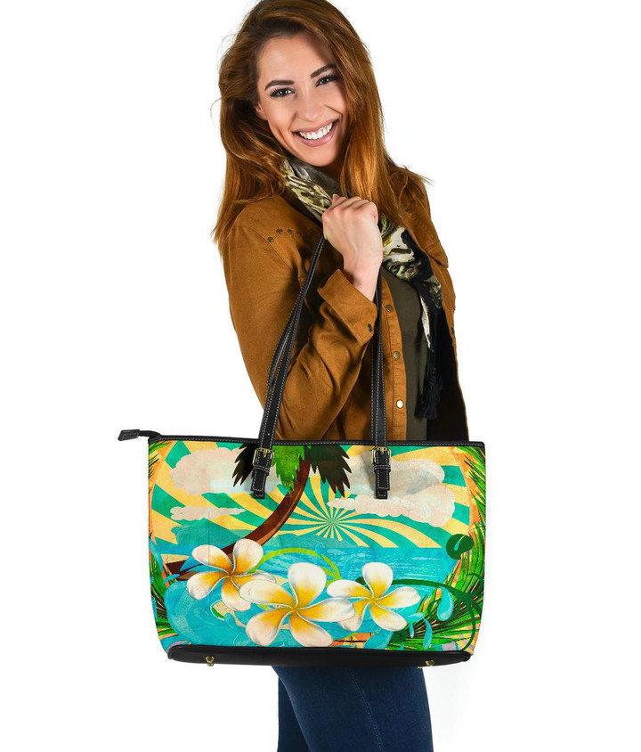 Sunny Tropical Plumeria Large Leather Tote Bag K5 - 1st New Zealand