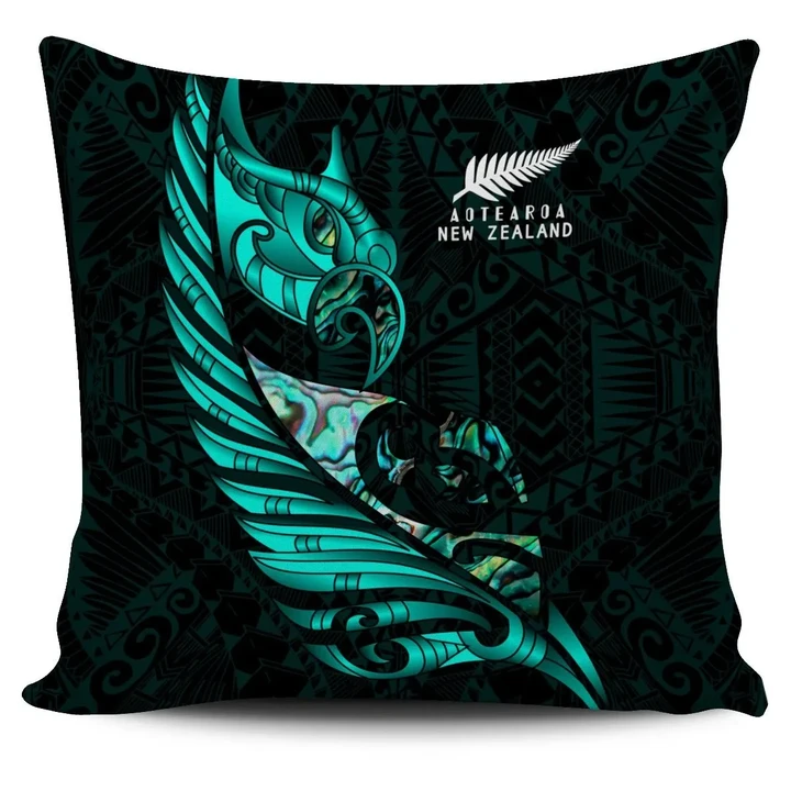 New Zealand Pillow Cover Manaia Paua Fern Wing - Turquoise K4 - 1st New Zealand