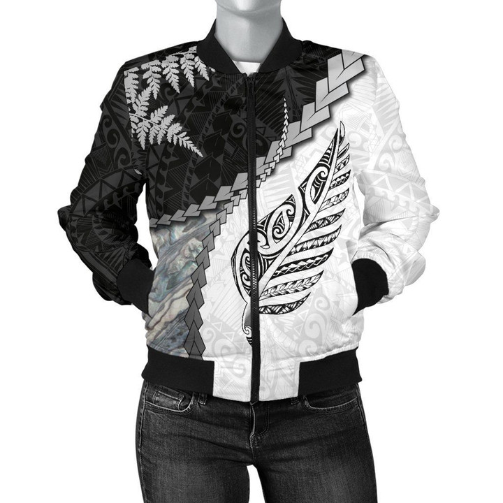 Paua Shell Maori Silver Fern Women's Bomber Jacket White K5