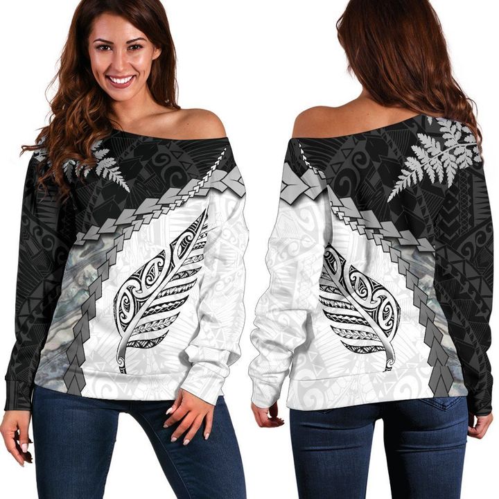 Paua Shell Maori Silver Fern Off Shoulder Sweater White K5