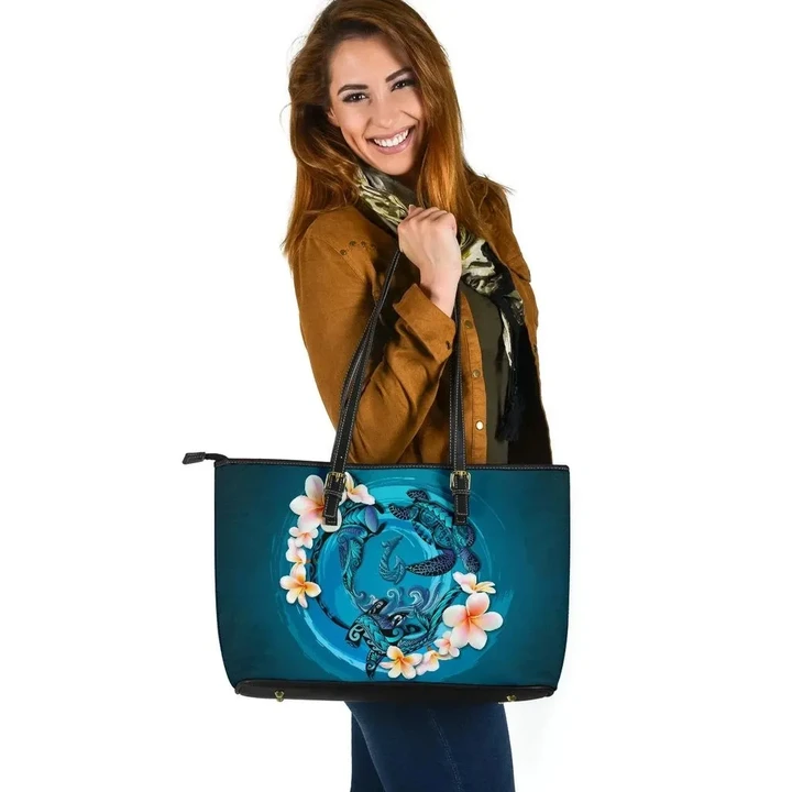 New Zealand Large Leather Tote - Blue Plumeria Animal Turtle Tattoo A24 - 1st New Zealand
