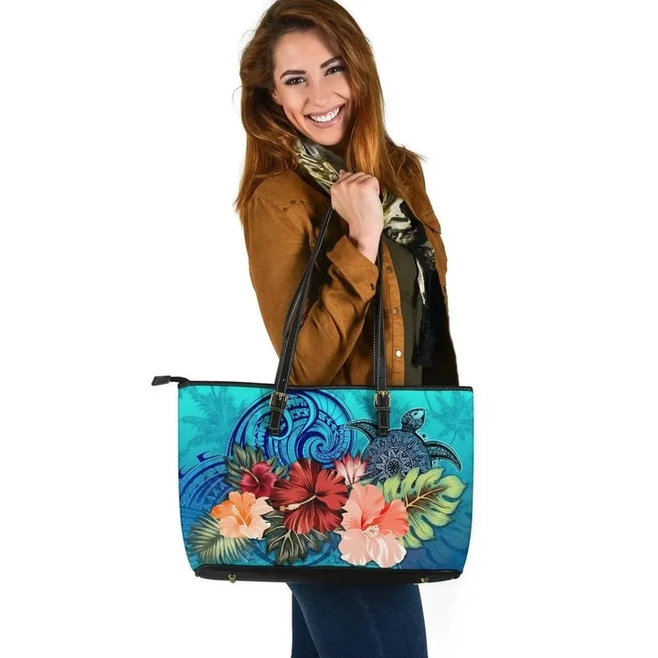 Turtle Polynesian Large Leather Tote Hibiscus Polynesian Blue TH5 - 1st New Zealand