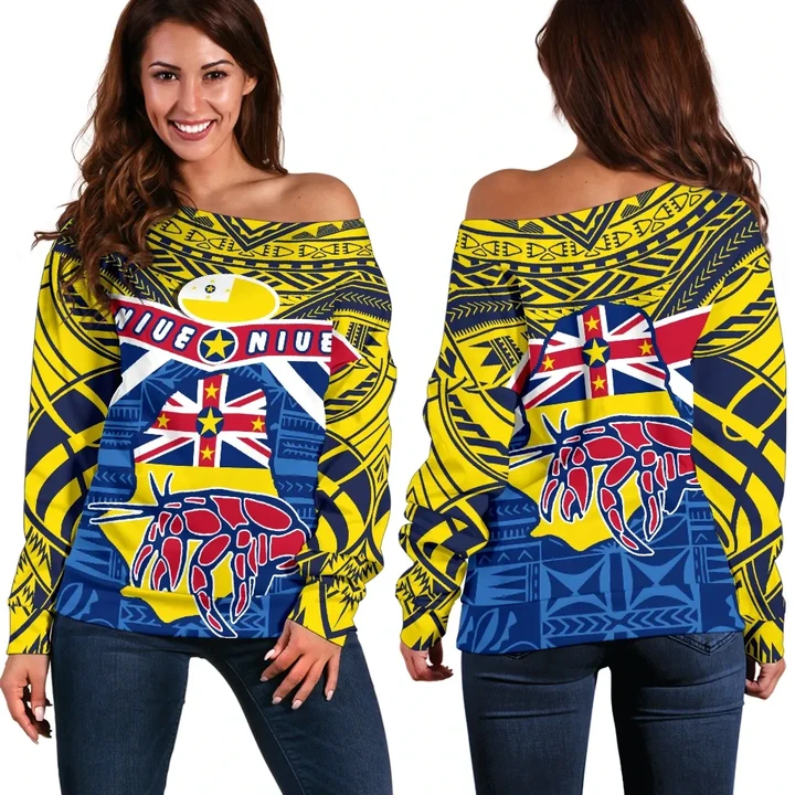 Niue Rugby Off Shoulder Sweater Polynesian Crab Map | Rugbylife.co