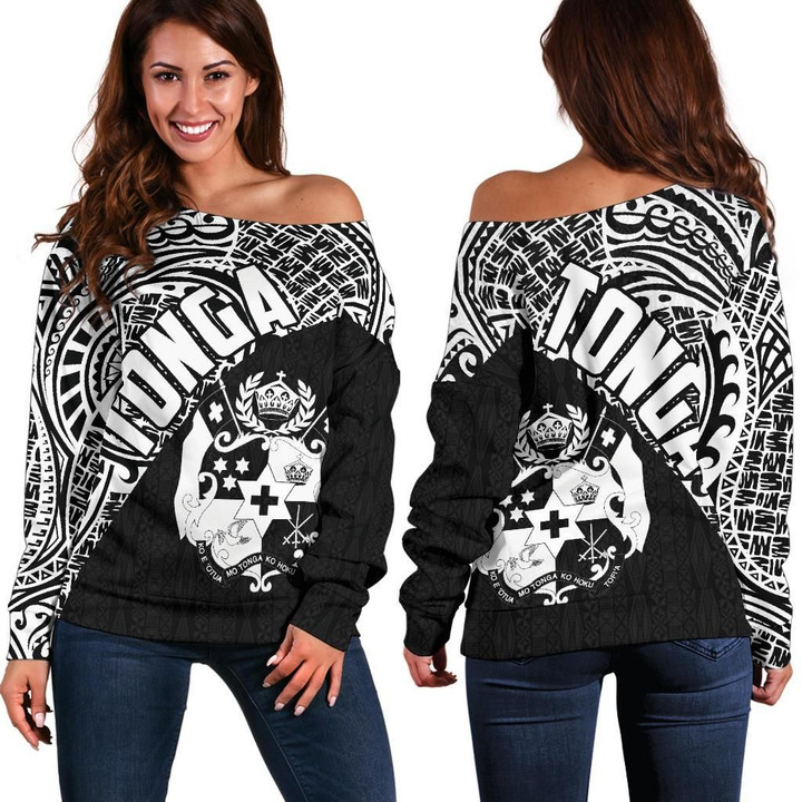 Tonga Polynesian Women's Off Shoulder Sweater Coat Of Arms - Wave Style White