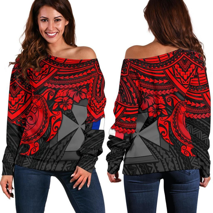 Wallis and Futuna Polynesian Women's Off Shoulder Sweater - Red Turtle
