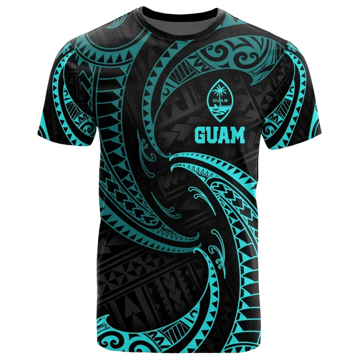 Guam Polynesian All Over T-Shirt - Neon Blue Tribal Wave