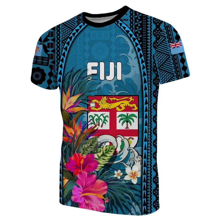Fiji T-Shirt Coat Of Arms Polynesian With Hibiscus And Waves TH4