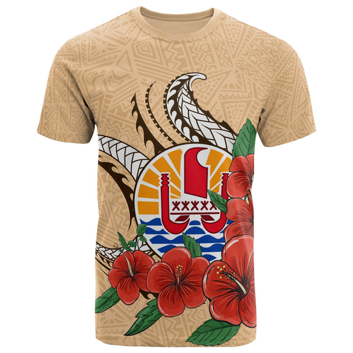 Tahiti Polynesian T-Shirt - Hibiscus Coat of Arm Beige