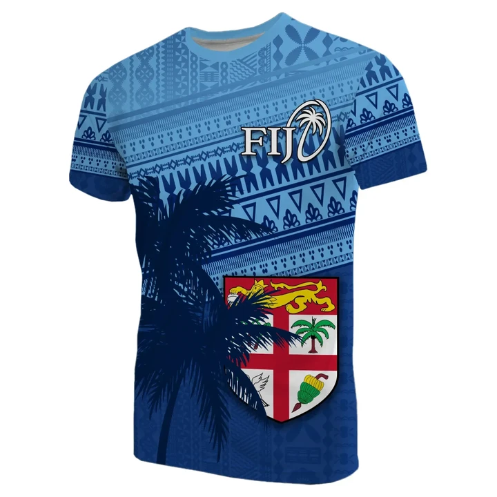 (Custom Personalised)Fiji Rugby Makare And Tapa Patterns T-Shirt Blue