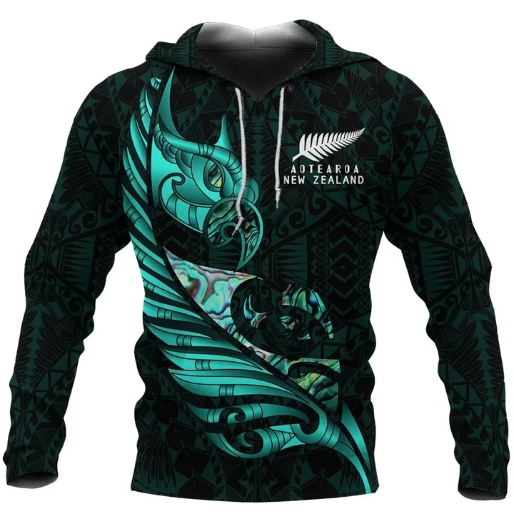 New Zealand Hoodie Manaia Paua Fern Wing - Turquoise K4 - 1st New Zealand