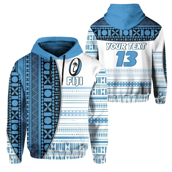 (Custom Personalised) Fiji Rugby Hoodie Impressive Version Blue - Custom Text and Number | Rugbylife.co